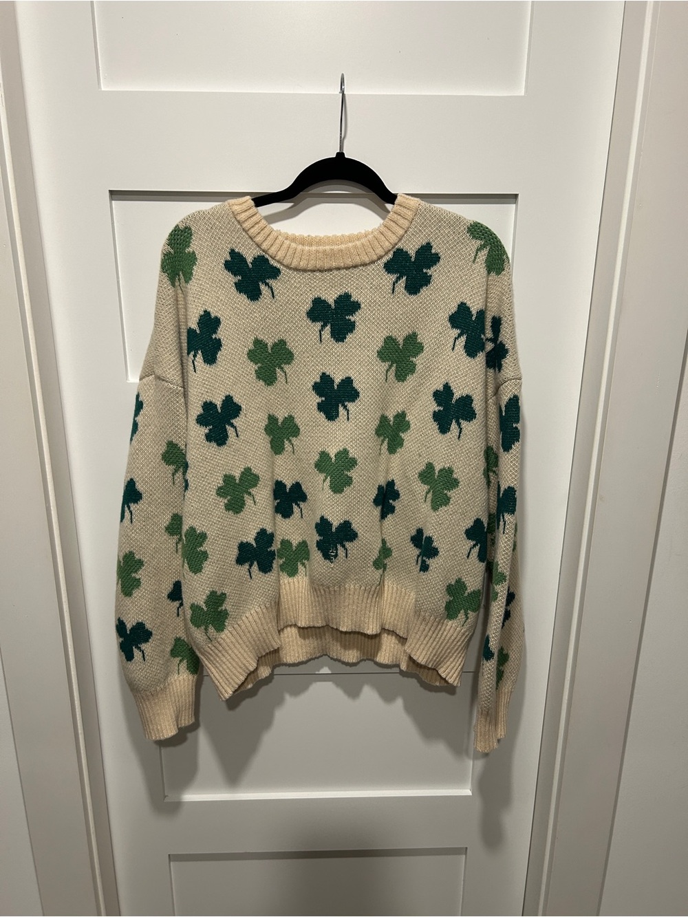 Cream Knit Sweater with Green Clover Pattern